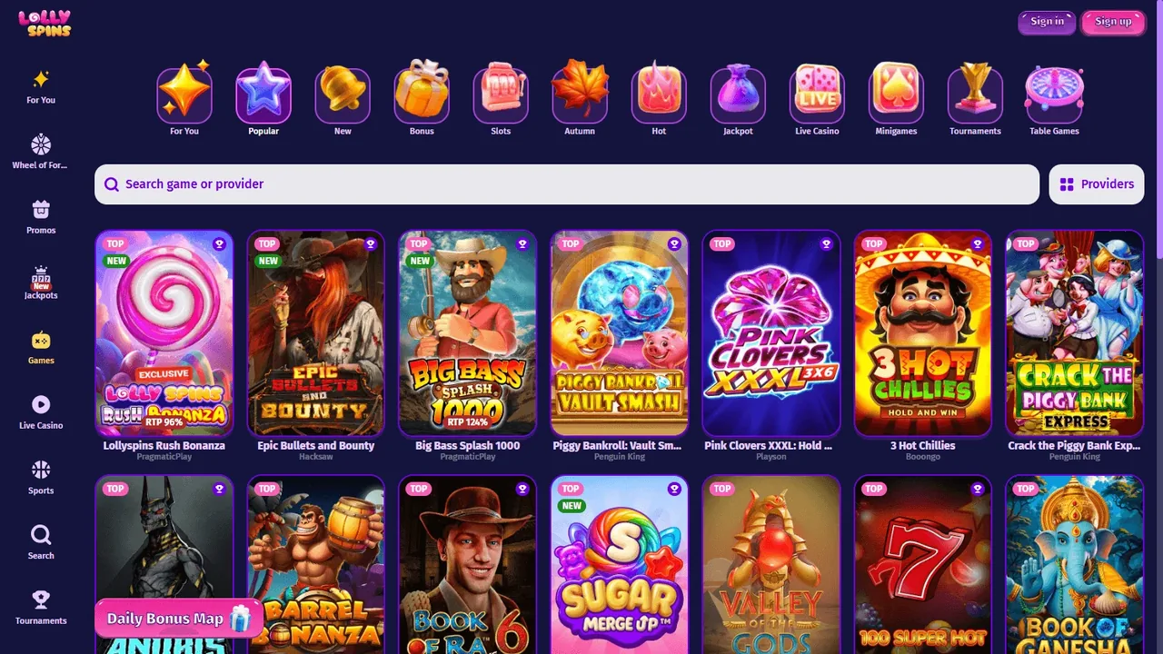 Lolly Spins Casino interface